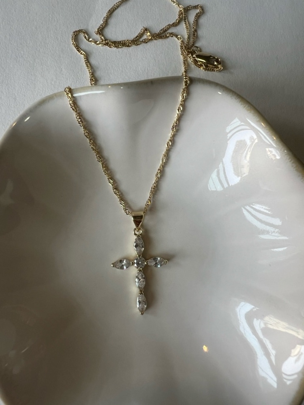 14k Gold Plated Cross Pendant Necklace with Clear Stones